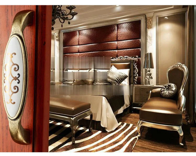 Tiradores de cerámica blanca para puerta de cocina, manijas de moda para cajón, armario, flor dorada