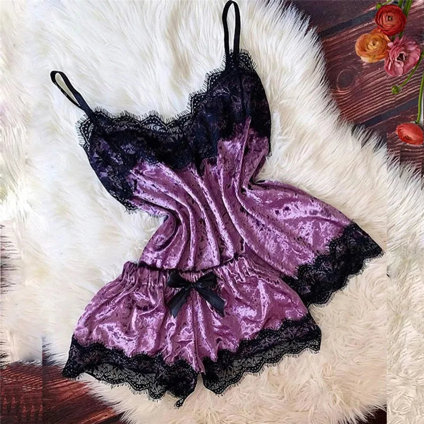 Pijamas de verano para mujer, ropa de dormir con lazo de terciopelo, ropa de dormir sin mangas con tirantes, camisola con adornos de encaje, conjuntos de pijama, lencería Sexy para mujer