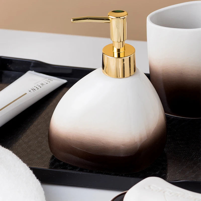 Juegos de accesorios de baño de cerámica, dispensador de loción gradiente, botella de bomba, soporte para cepillo de dientes, taza de enjuague bucal, jabón, herramientas de lavado de platos