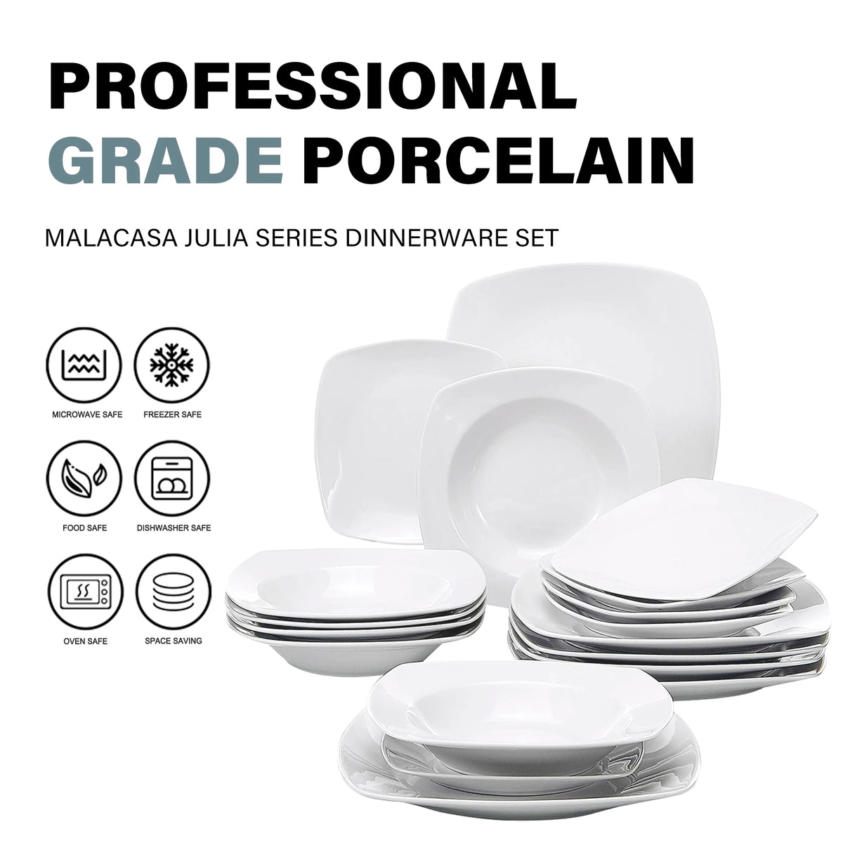 MALACASA-vajilla de porcelana de cerámica JULIA Classic, juego de 18 piezas con 6 platos de cena, sopa, postre, servicio de vajilla para 6