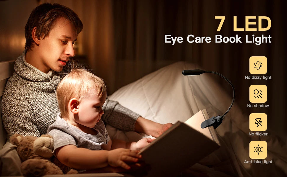 Lámpara de luz de lectura de libros recargable, luz de libro LED para leer en la cama, brillo ajustable para el cuidado de los ojos, 3 temperaturas de color