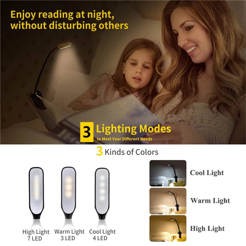 Lámpara de luz de lectura de libros recargable, luz de libro LED para leer en la cama, brillo ajustable para el cuidado de los ojos, 3 temperaturas de color