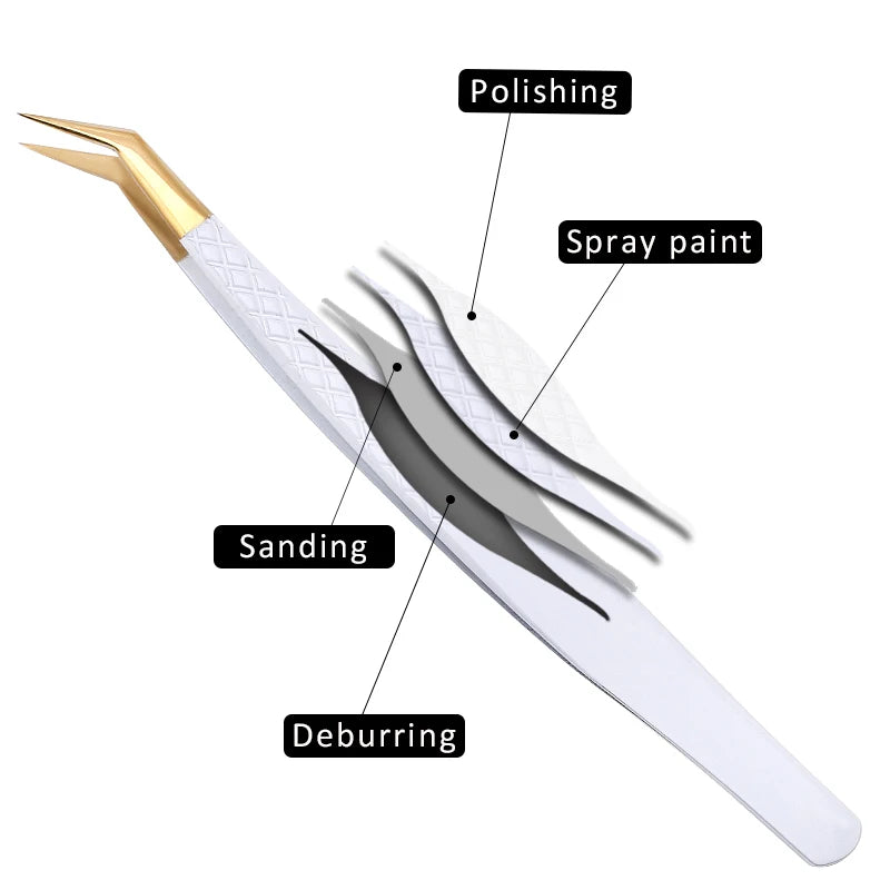 Pinzas de Precisión Antiestáticas de Acero Inoxidable Blanco-Dorado para Extensión de Pestañas, Juego de Herramientas de Maquillaje y Belleza para Cejas
