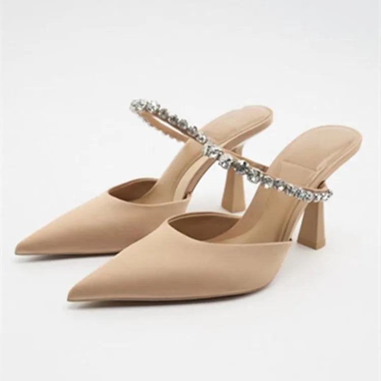 Dl European and American Foreign Trade High Heel Pointed Rear Empty Women's Shoes Rhinestone Baotou Thin Fashion Slippers