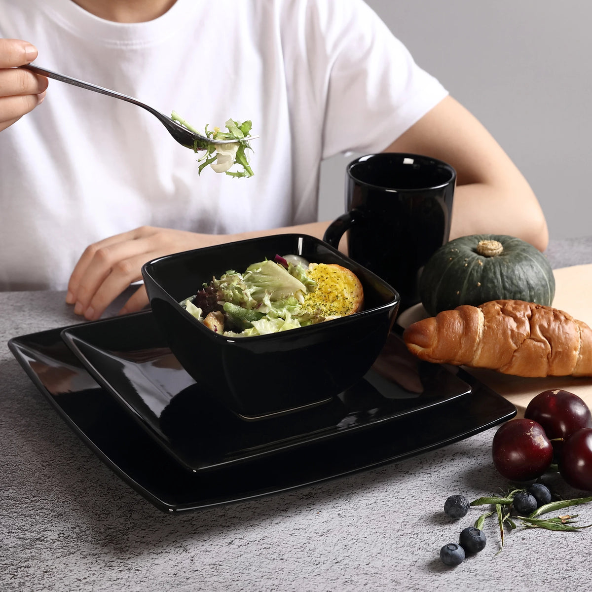 Vancasso SOHO-vajilla cuadrada de cerámica negra, 16/32/48 piezas, plato de cena, plato de postre, tazón, juego de tazas de 240ml