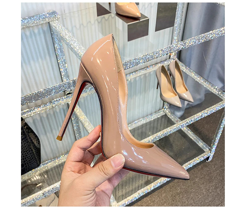 HLTINO, tacones altos de fondo rojo de 12cm, zapatos de lujo de cuero genuino, tacones de aguja súper altos para mujer con zapatos de tacón de primavera para mujer