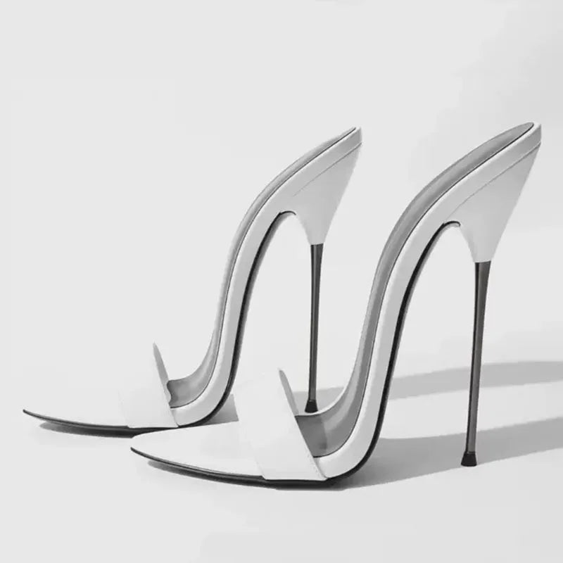 Women Supper High Silver Thin Heels Sandals Summer Big Size 45 Dress Wide Fit Denim Shoes Dress Stiletto Single Band Mules