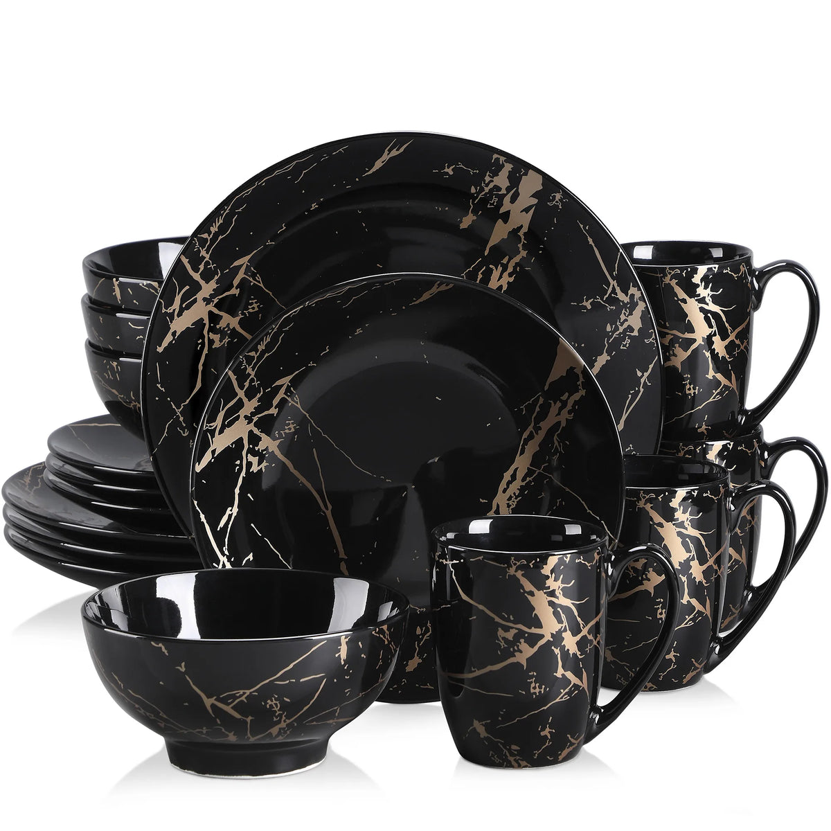 LOVECASA-Juego de vajilla negra, diseño dorado Splash con plato de cena, plato de pastel, cuencos, tazas de café, 16/2021 piezas, 32/48