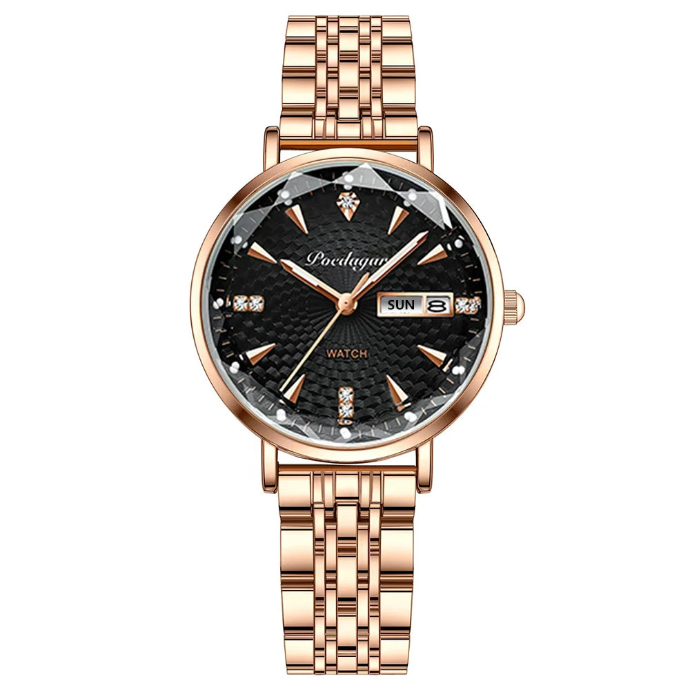 Reloj POEDAGAR para mujer, nueva moda, reloj de pulsera de acero inoxidable de lujo, pulsera Simple de oro rosa, relojes luminosos impermeables para mujer