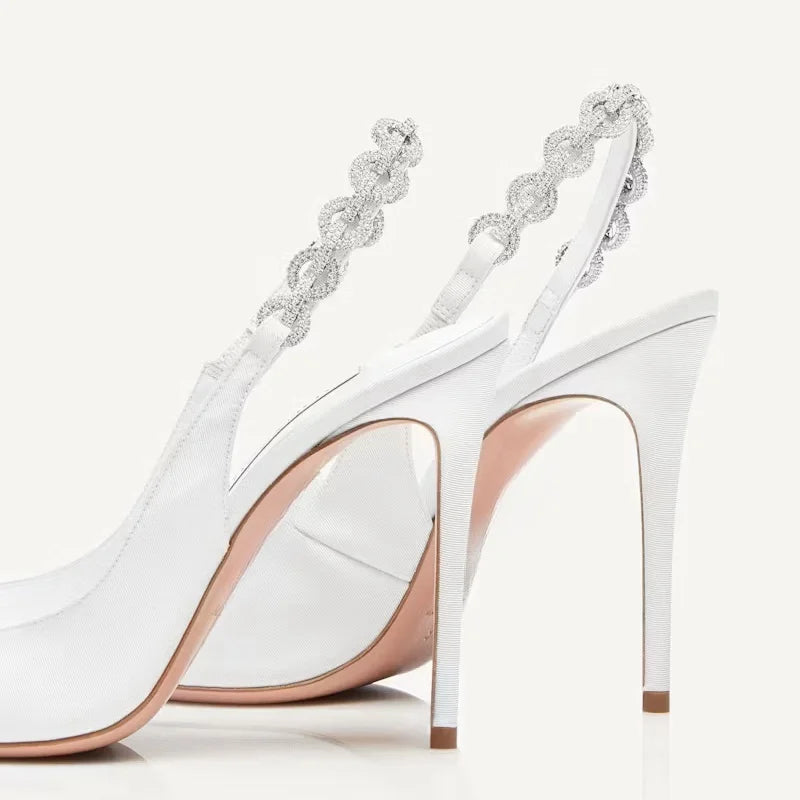 Women's Height Increasing High Heels Sandals Sexy Summer Pointed Toe Rhinestone Chain Slingbacks Anti-Slippery Buckle Spring