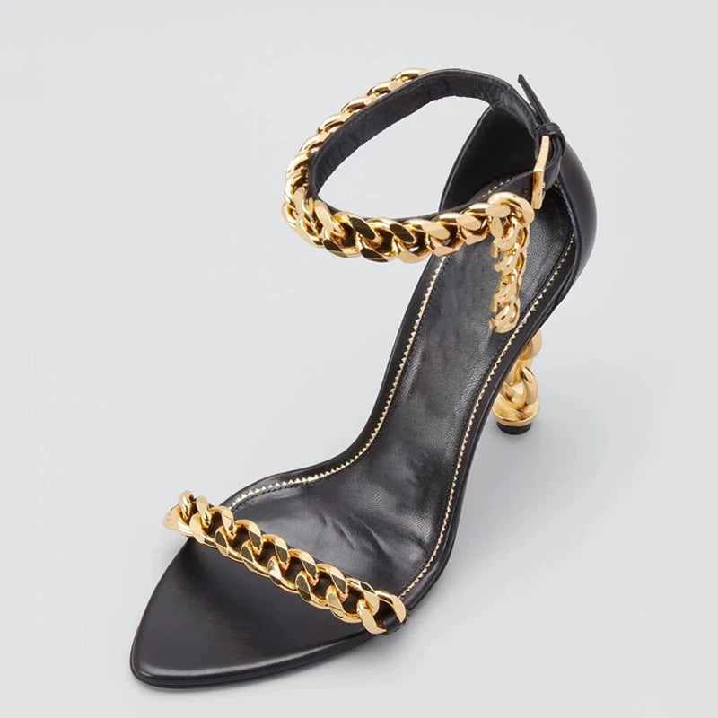 Custom Metal Heels Sandals Women Dress Stiletto Party Ankle Buckle Office Lady Shoes Open Square Toe High Slim Gold Heels