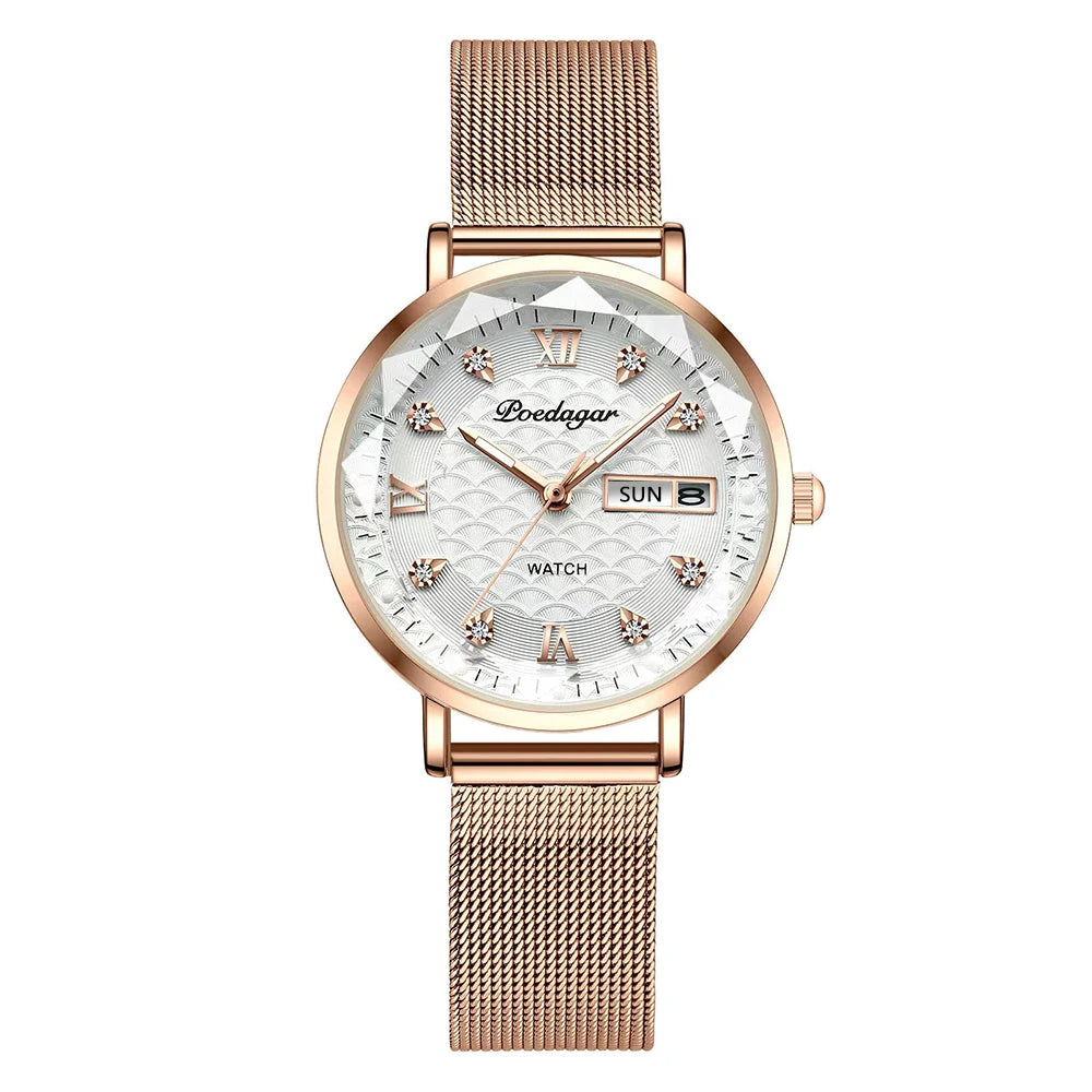 Reloj POEDAGAR para mujer, nueva moda, reloj de pulsera de acero inoxidable de lujo, pulsera Simple de oro rosa, relojes luminosos impermeables para mujer