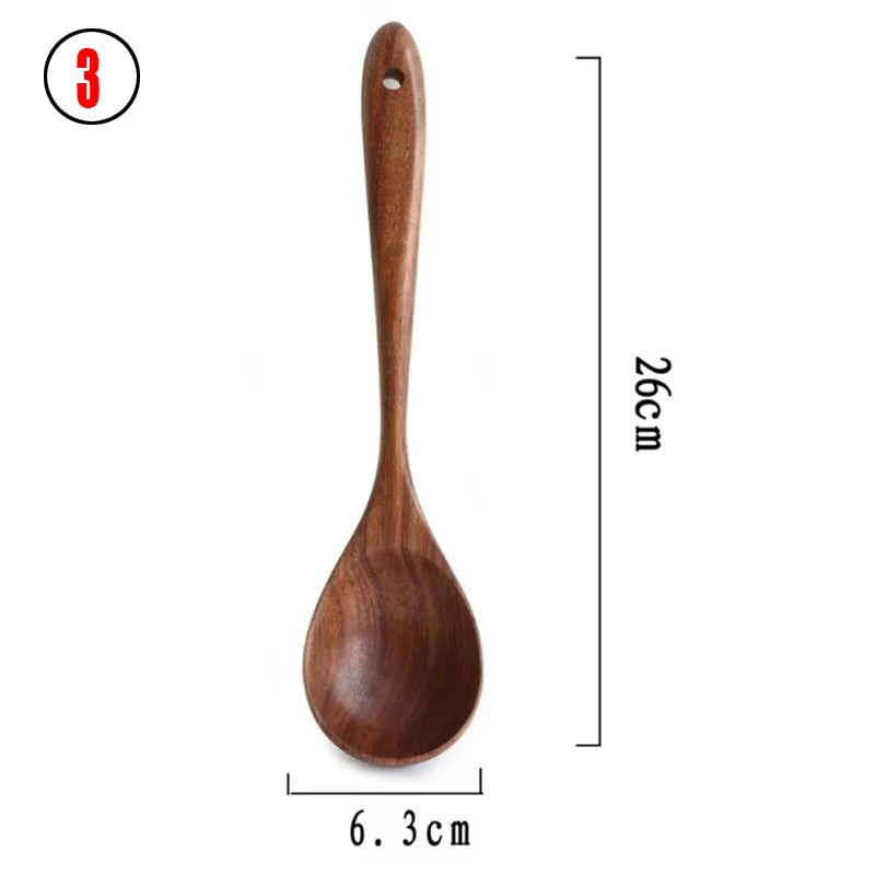Vajilla de madera Natural de teca tailandesa, cuchara, cucharón, colador de arroz largo, espumadera de sopa, cucharas de cocina, juego de herramientas de cocina
