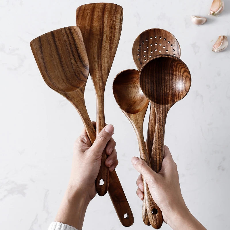 Vajilla de madera Natural de teca tailandesa, cuchara, cucharón, colador de arroz largo, espumadera de sopa, cucharas de cocina, juego de herramientas de cocina