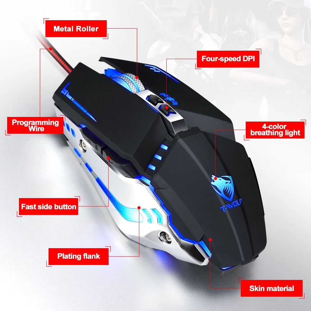 E-sport RGB Wired Mouse LED Optical USB 7D Macro Programming Mechanical Gaming Mouse 6400DPI Mouse for Computer