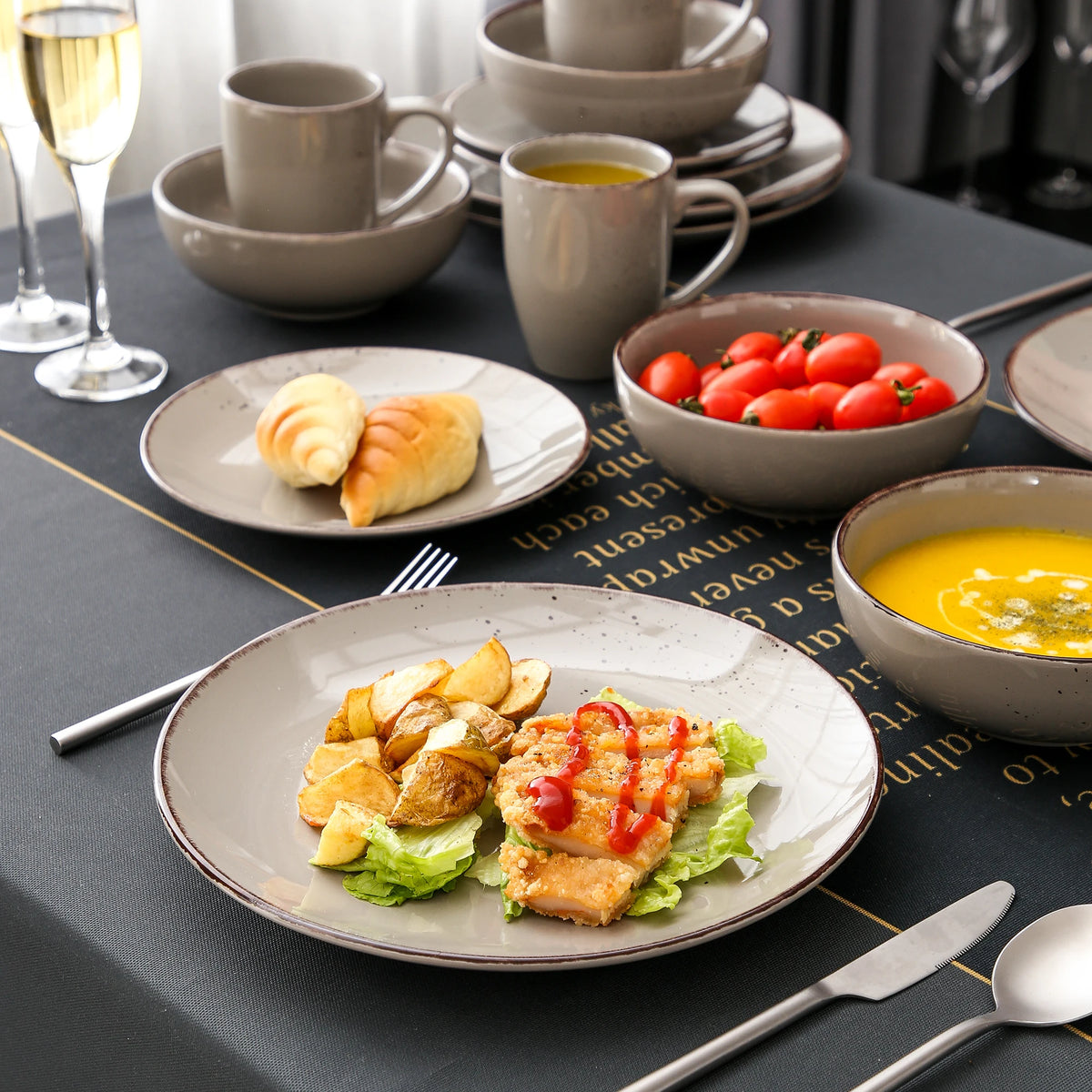 Vajilla de cerámica de gres, conjunto de taza, plato de cena, plato de postre y cuenco de 800 ml, modelo Vancasso VC-NAVIA-2-SLX123, color gris, desde 16, 32 y 48 piezas