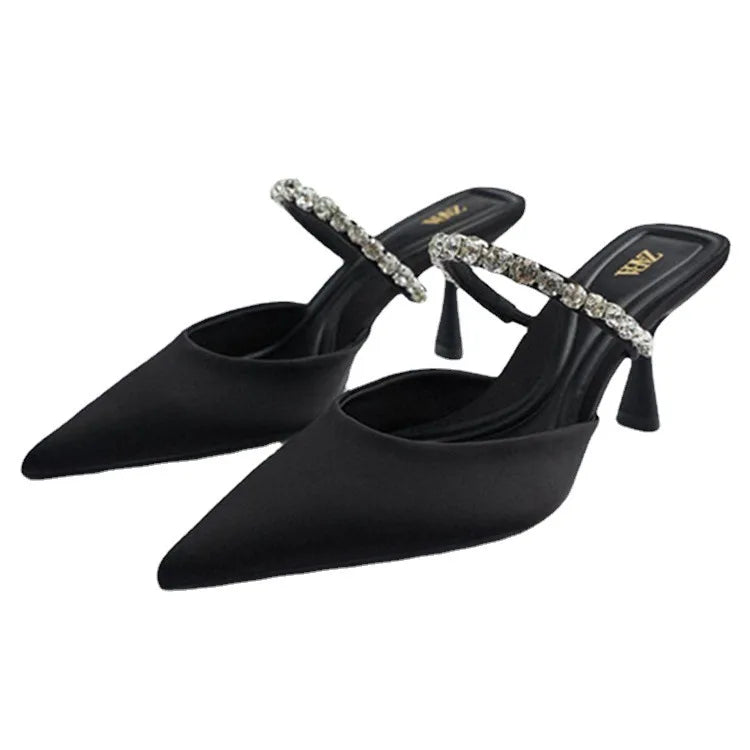 Dl European and American Foreign Trade High Heel Pointed Rear Empty Women's Shoes Rhinestone Baotou Thin Fashion Slippers