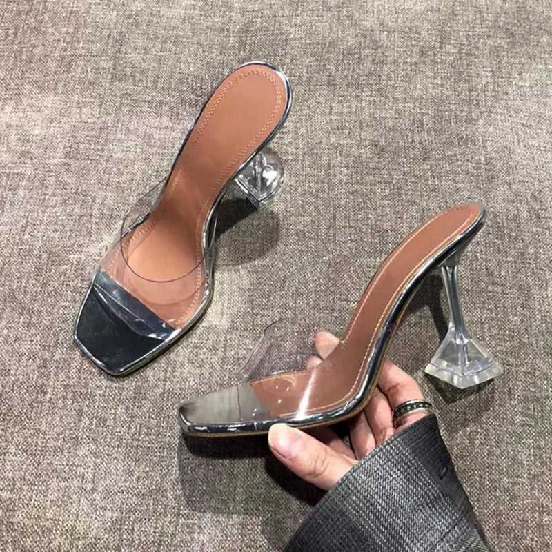 Zapatillas de tacón de aguja para mujer, sandalias transparentes con punta abierta, de cristal, 2021