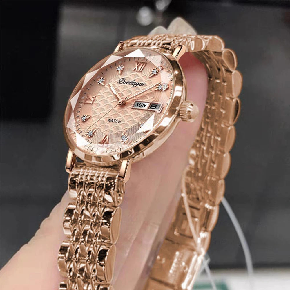 Reloj POEDAGAR para mujer, nueva moda, reloj de pulsera de acero inoxidable de lujo, pulsera Simple de oro rosa, relojes luminosos impermeables para mujer