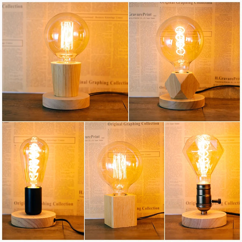 Lámpara de mesa de madera moderna Retro E27, luz decorativa para escritorio, lámparas de arte interior, decoración para sala de estar, dormitorio, mesita de noche, Base de luces para Bar, enchufe europeo