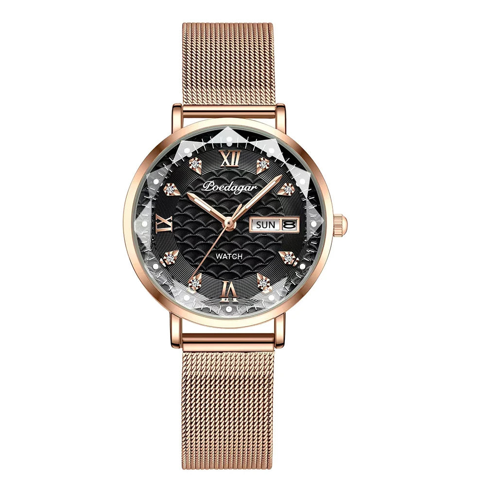 Reloj POEDAGAR para mujer, nueva moda, reloj de pulsera de acero inoxidable de lujo, pulsera Simple de oro rosa, relojes luminosos impermeables para mujer