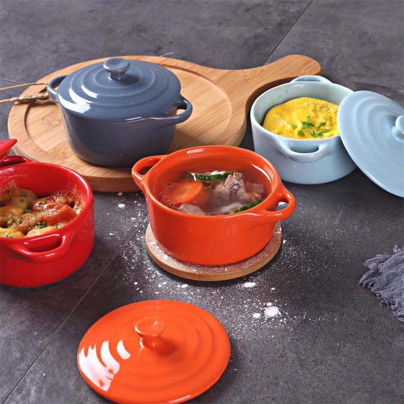 Mini olla de sopa de cerámica con cubierta para niños, tazón de huevo para estofado, tapa, cacerola para restaurante, cocina casera, ollas de cocina usadas