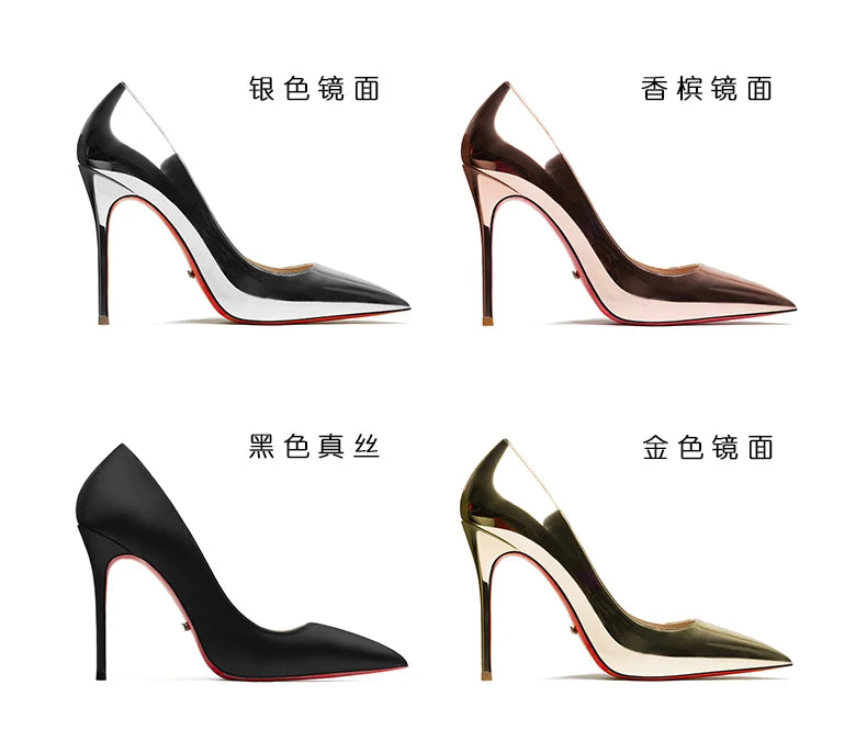 HLTINO, tacones altos de fondo rojo de 12cm, zapatos de lujo de cuero genuino, tacones de aguja súper altos para mujer con zapatos de tacón de primavera para mujer