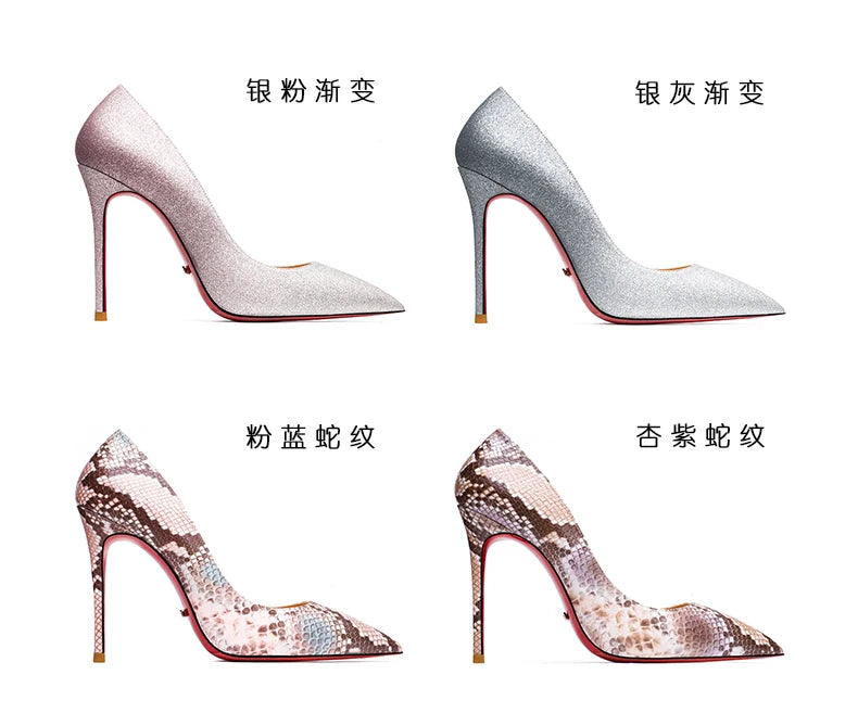 HLTINO, tacones altos de fondo rojo de 12cm, zapatos de lujo de cuero genuino, tacones de aguja súper altos para mujer con zapatos de tacón de primavera para mujer