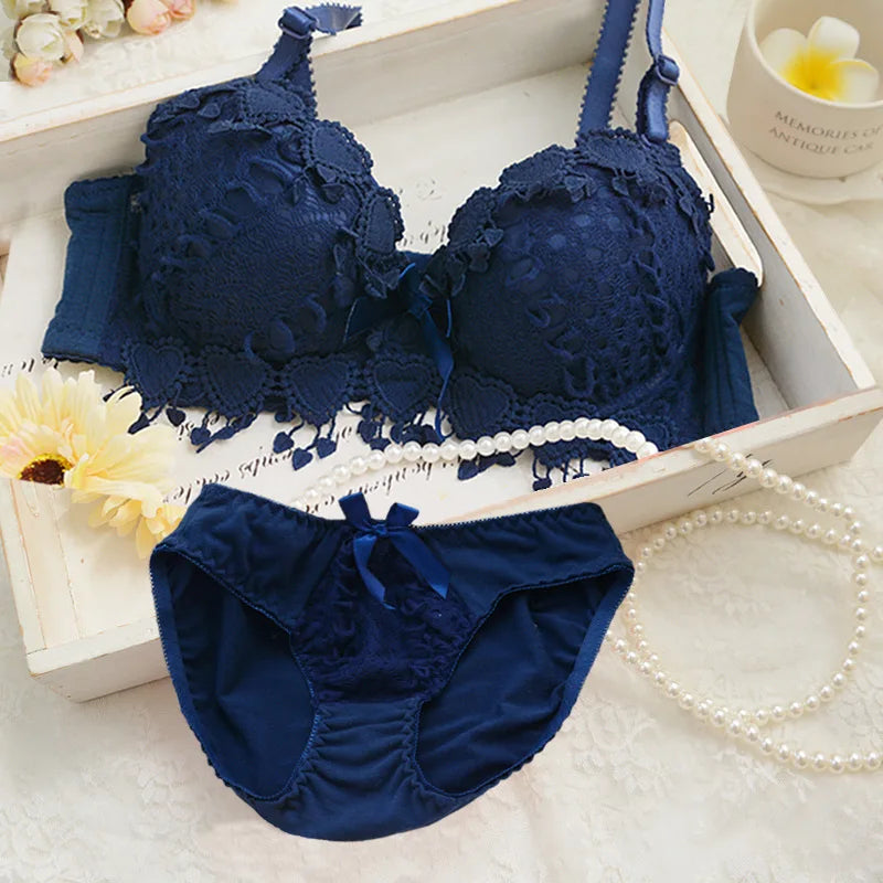 ZZYUP Lovely Girls Lace Bra Panty Sets Cute Japanese Underwire Push up Lace Bra Set