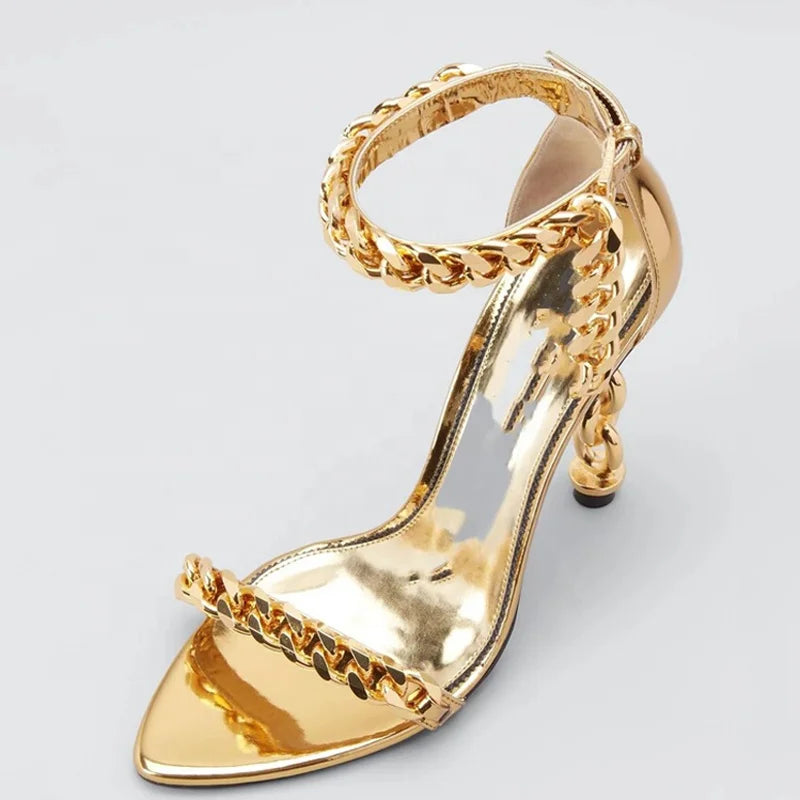 Custom Metal Heels Sandals Women Dress Stiletto Party Ankle Buckle Office Lady Shoes Open Square Toe High Slim Gold Heels