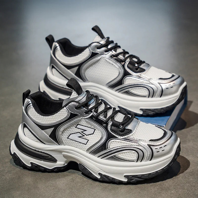 2026 New Trendy Chunky Sneakers Men Women Breathable Mesh Dad Shoes Metallic Silver Fashion Platform Walking Footwear
