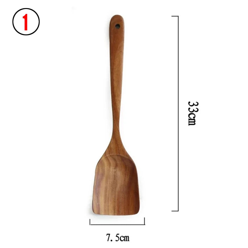 Vajilla de madera Natural de teca tailandesa, cuchara, cucharón, colador de arroz largo, espumadera de sopa, cucharas de cocina, juego de herramientas de cocina