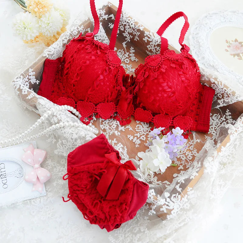 ZZYUP Lovely Girls Lace Bra Panty Sets Cute Japanese Underwire Push up Lace Bra Set