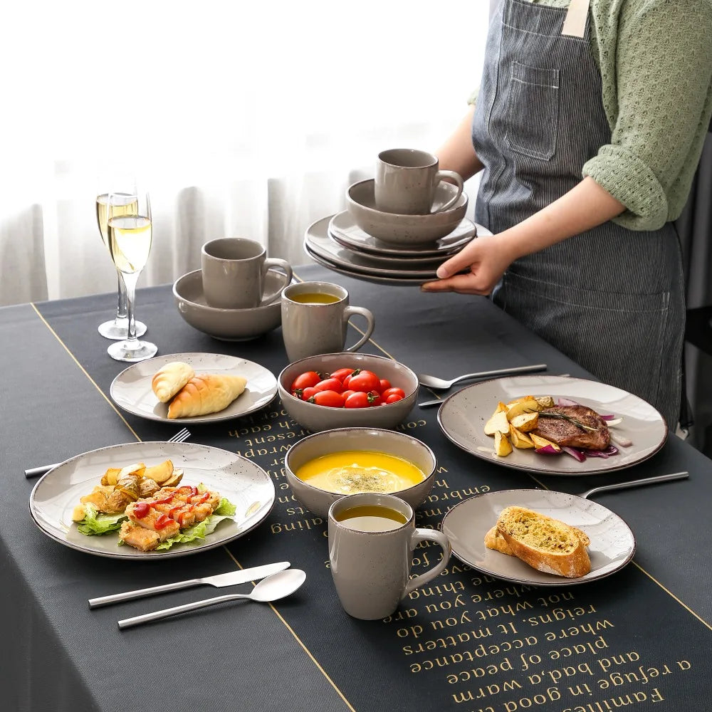 Vajilla de cerámica de gres, conjunto de taza, plato de cena, plato de postre y cuenco de 800 ml, modelo Vancasso VC-NAVIA-2-SLX123, color gris, desde 16, 32 y 48 piezas