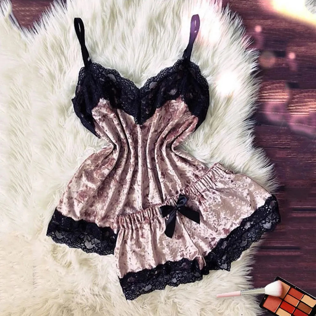 Pijamas de verano para mujer, ropa de dormir con lazo de terciopelo, ropa de dormir sin mangas con tirantes, camisola con adornos de encaje, conjuntos de pijama, lencería Sexy para mujer