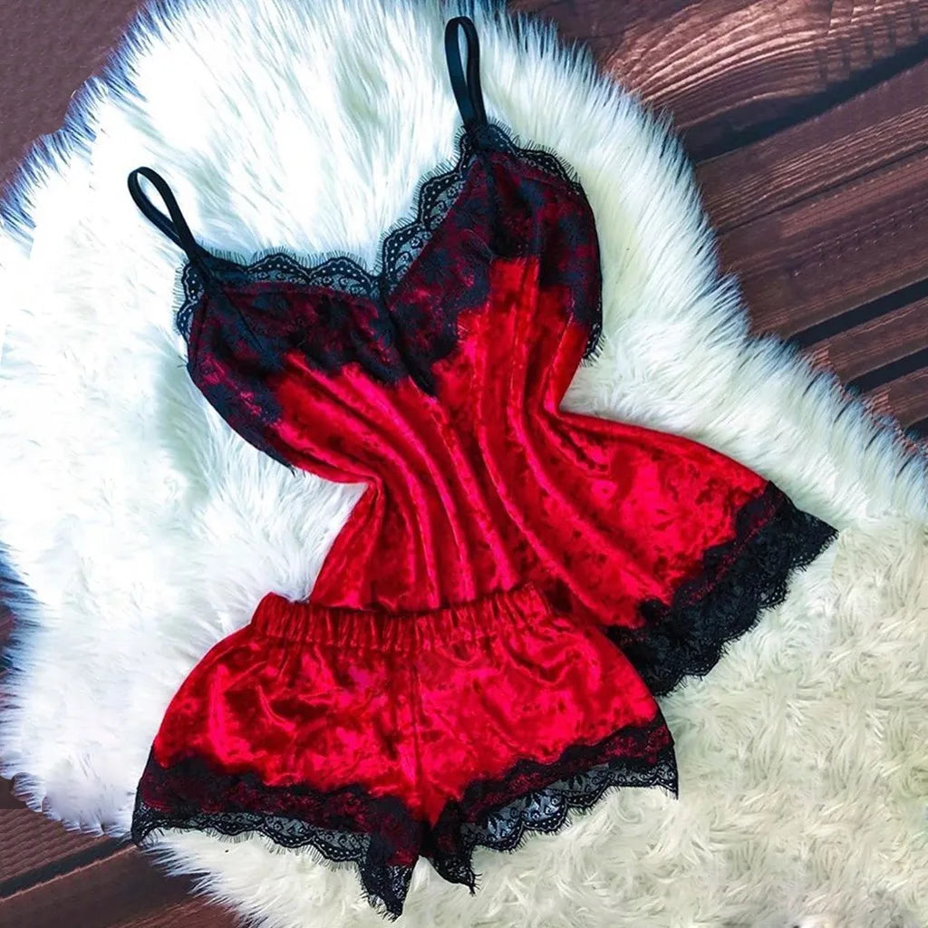 Pijamas de verano para mujer, ropa de dormir con lazo de terciopelo, ropa de dormir sin mangas con tirantes, camisola con adornos de encaje, conjuntos de pijama, lencería Sexy para mujer