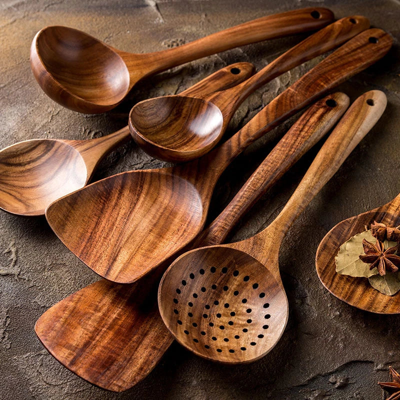 Vajilla de madera Natural de teca tailandesa, cuchara, cucharón, colador de arroz largo, espumadera de sopa, cucharas de cocina, juego de herramientas de cocina