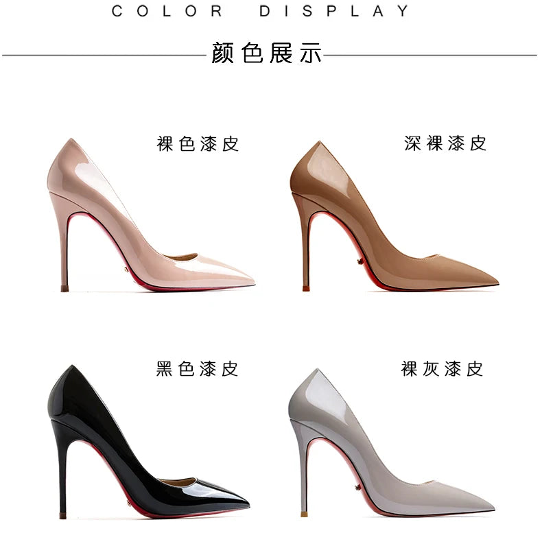 HLTINO, tacones altos de fondo rojo de 12cm, zapatos de lujo de cuero genuino, tacones de aguja súper altos para mujer con zapatos de tacón de primavera para mujer