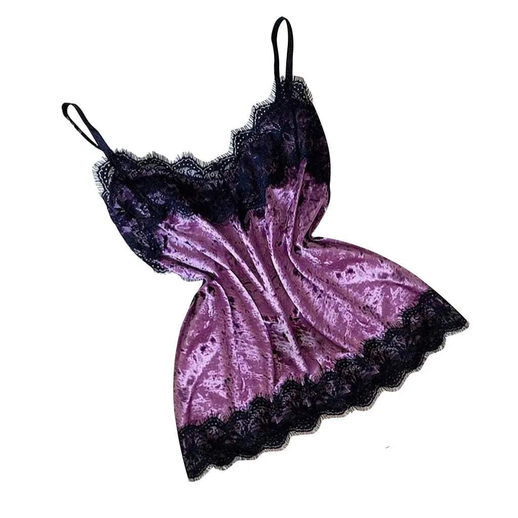 Pijamas de verano para mujer, ropa de dormir con lazo de terciopelo, ropa de dormir sin mangas con tirantes, camisola con adornos de encaje, conjuntos de pijama, lencería Sexy para mujer
