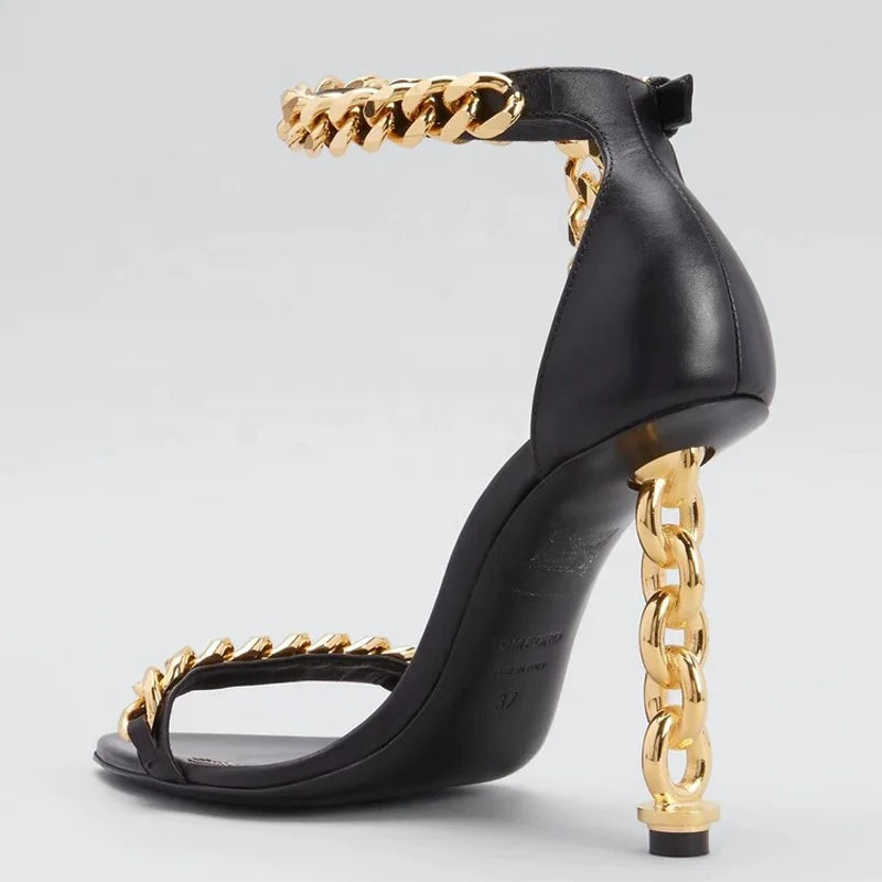 Custom Metal Heels Sandals Women Dress Stiletto Party Ankle Buckle Office Lady Shoes Open Square Toe High Slim Gold Heels