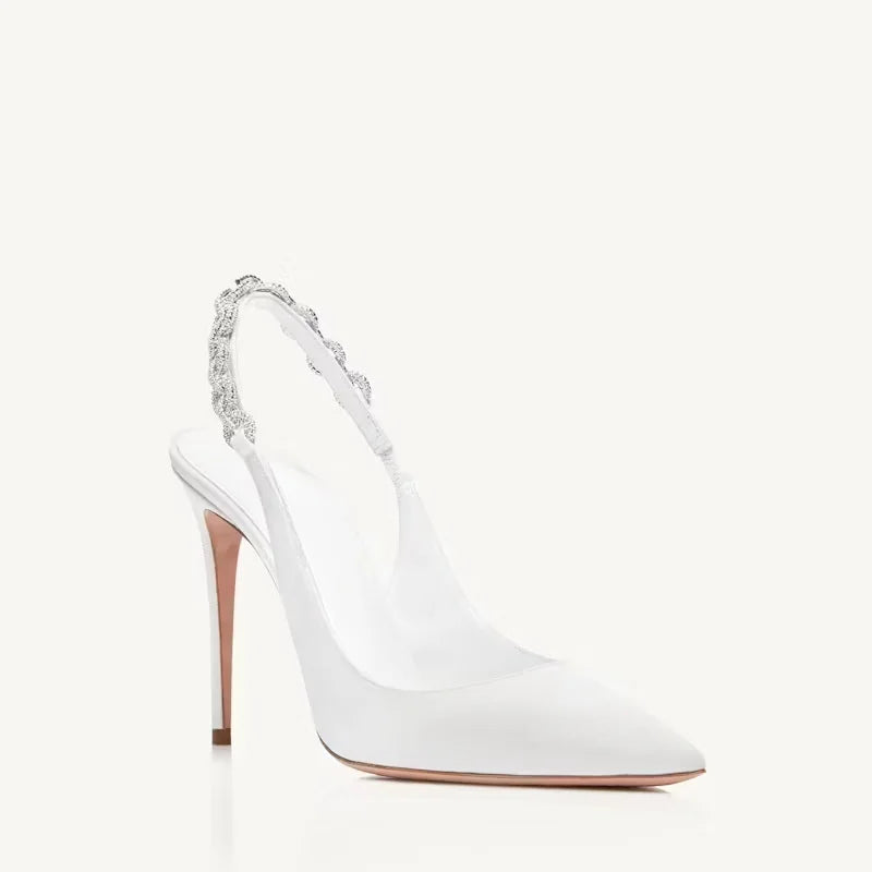 Women's Height Increasing High Heels Sandals Sexy Summer Pointed Toe Rhinestone Chain Slingbacks Anti-Slippery Buckle Spring