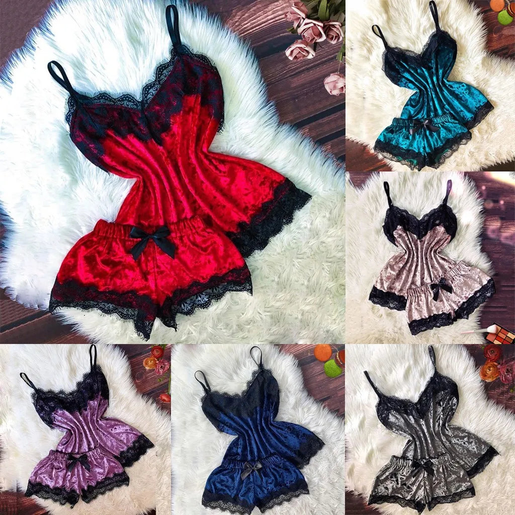 Pijamas de verano para mujer, ropa de dormir con lazo de terciopelo, ropa de dormir sin mangas con tirantes, camisola con adornos de encaje, conjuntos de pijama, lencería Sexy para mujer