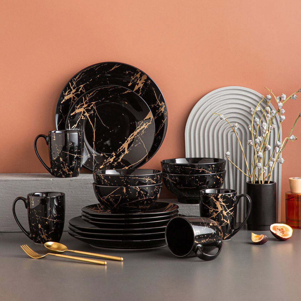 LOVECASA-Juego de vajilla negra, diseño dorado Splash con plato de cena, plato de pastel, cuencos, tazas de café, 16/2021 piezas, 32/48