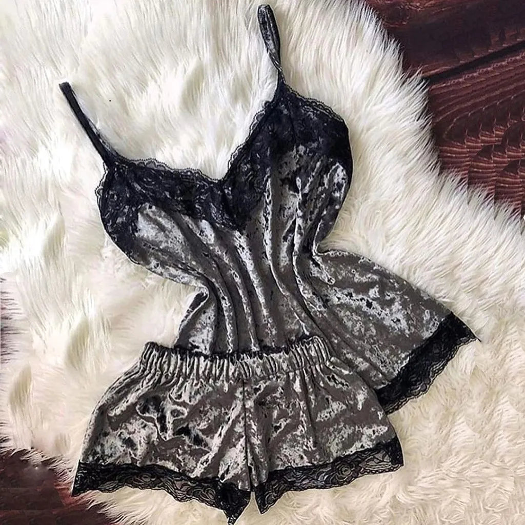 Pijamas de verano para mujer, ropa de dormir con lazo de terciopelo, ropa de dormir sin mangas con tirantes, camisola con adornos de encaje, conjuntos de pijama, lencería Sexy para mujer