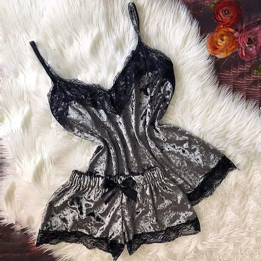 Pijamas de verano para mujer, ropa de dormir con lazo de terciopelo, ropa de dormir sin mangas con tirantes, camisola con adornos de encaje, conjuntos de pijama, lencería Sexy para mujer