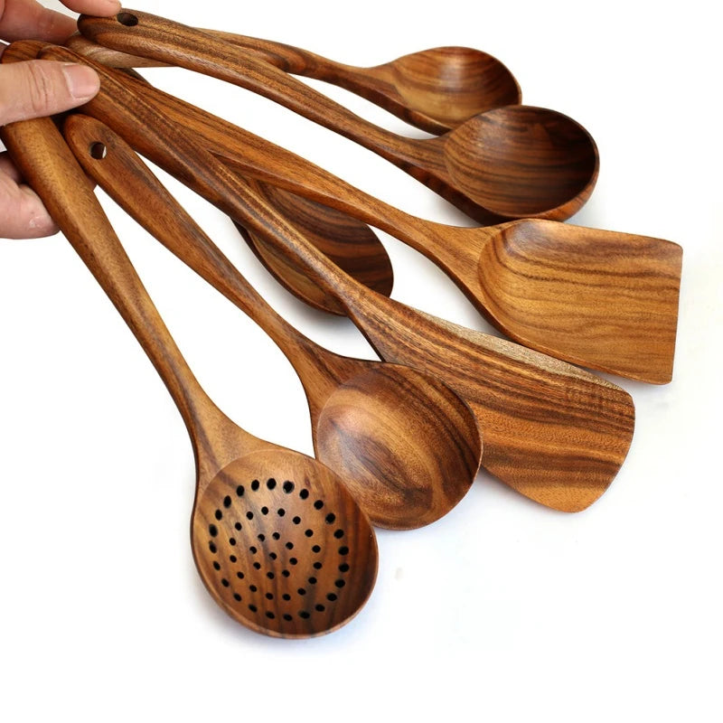 Vajilla de madera Natural de teca tailandesa, cuchara, cucharón, colador de arroz largo, espumadera de sopa, cucharas de cocina, juego de herramientas de cocina