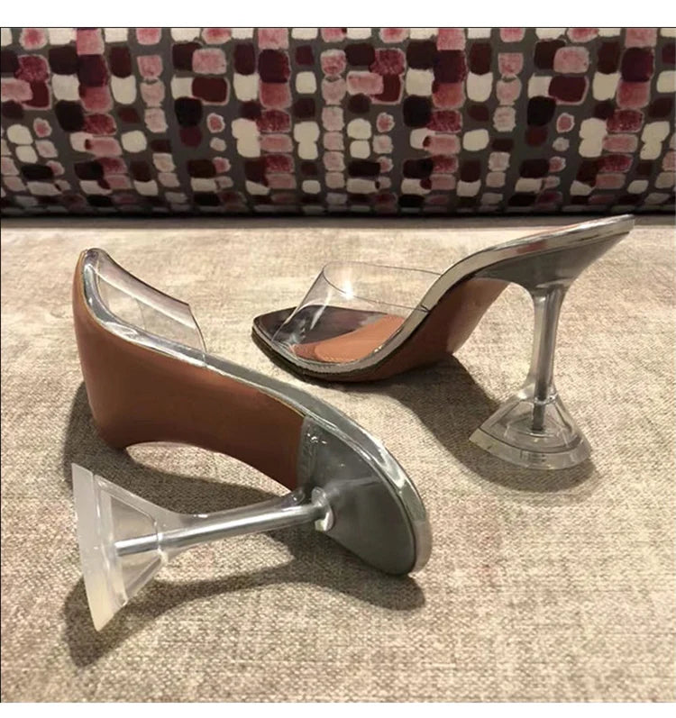 Zapatillas de tacón de aguja para mujer, sandalias transparentes con punta abierta, de cristal, 2021