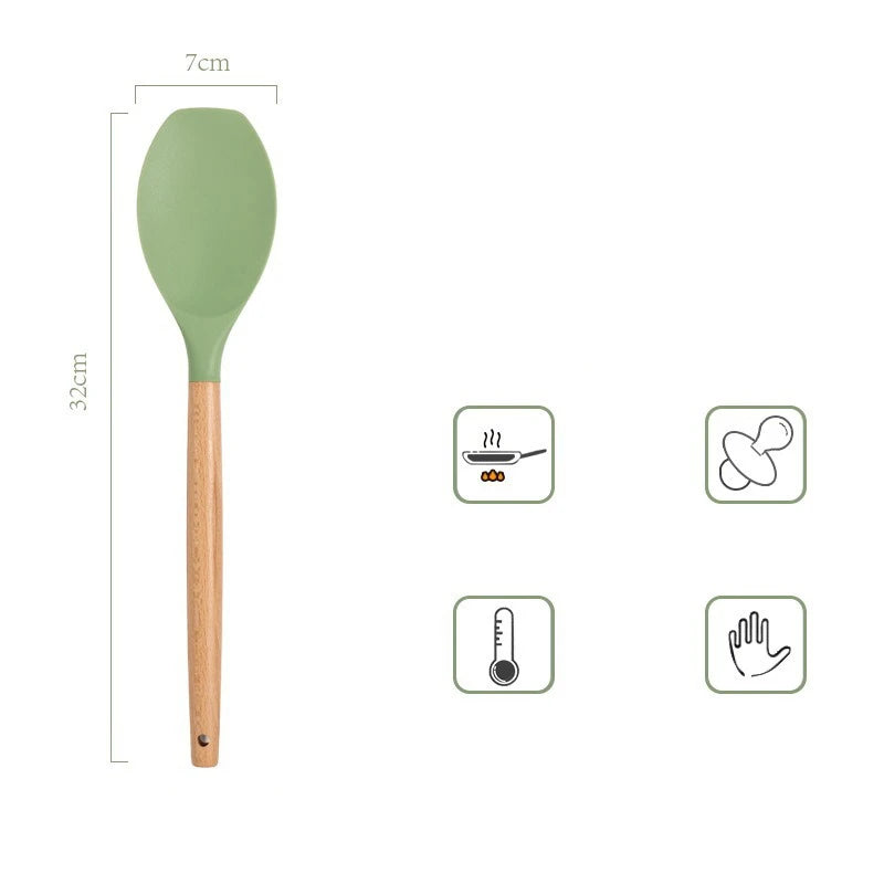 Utensilios de silicona verde aguacate, juego de herramientas de cocina con mango de madera, espátula antiadherente, cucharón, batidores de huevos, pala, nuevo