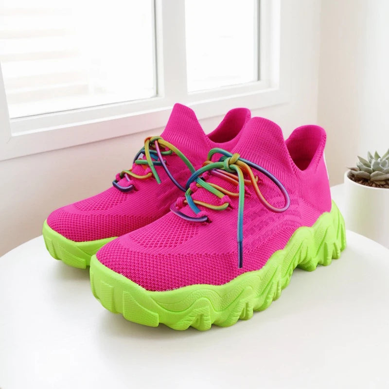 Wholesale Women Sports Round Head Lace-up Flying Woven Casual Sports Shoes Running Shoes for Ladies