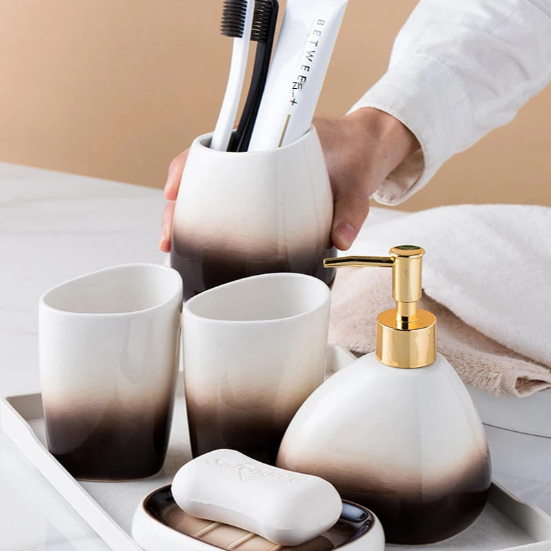 Juegos de accesorios de baño de cerámica, dispensador de loción gradiente, botella de bomba, soporte para cepillo de dientes, taza de enjuague bucal, jabón, herramientas de lavado de platos